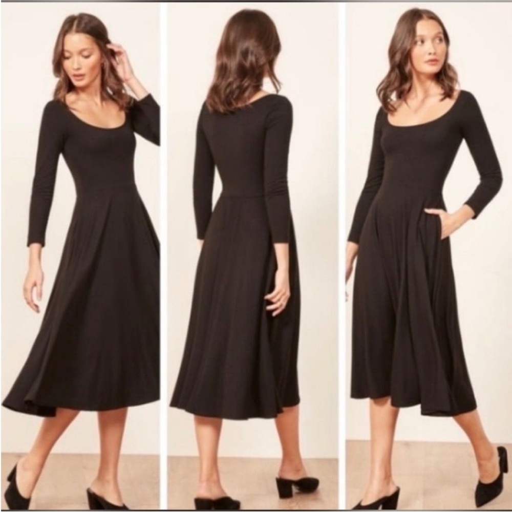 Reformation Lou Stretch Fit & Flare Black Midi Long Sleeve Dress, size S - Picture 2 of 6